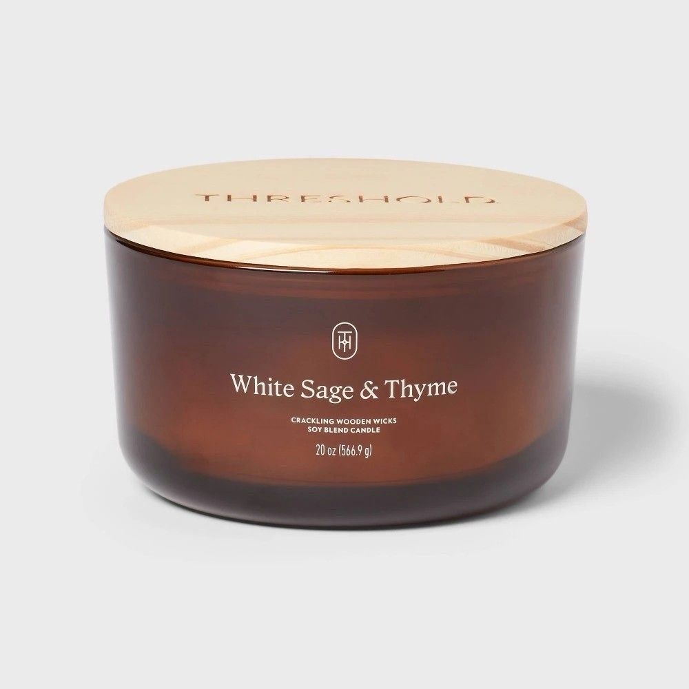 Threshold 3-Wick White Sage Thyme Candle 20oz Amber Glass Wooden Wick Used